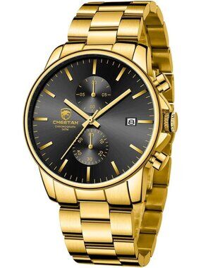 Men's Gold Black Classic Stainless Steel Waterproof Chronograph Quartz Watch